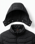 Macro of the detachable snap-on hood and quilted collar of the jacket