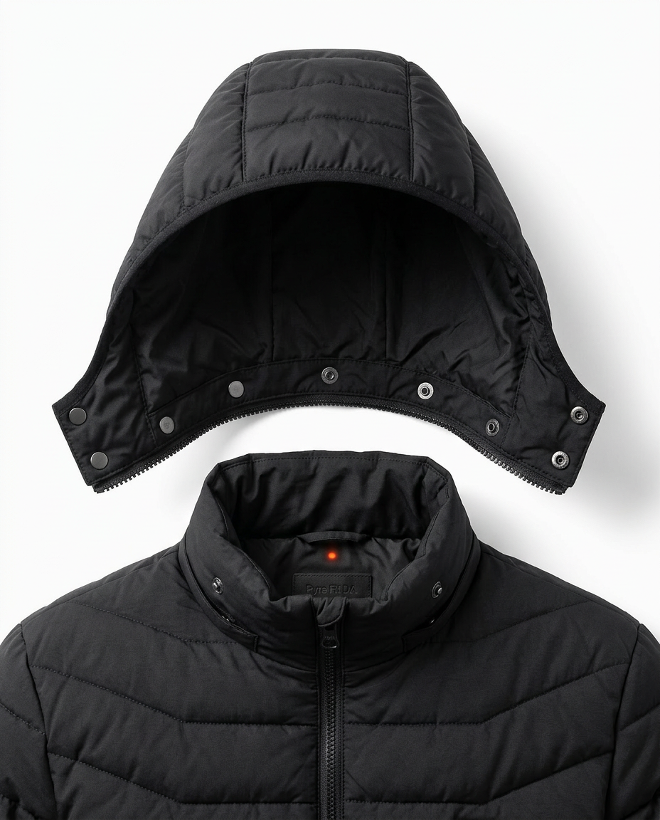 Macro of the detachable snap-on hood and quilted collar of the jacket