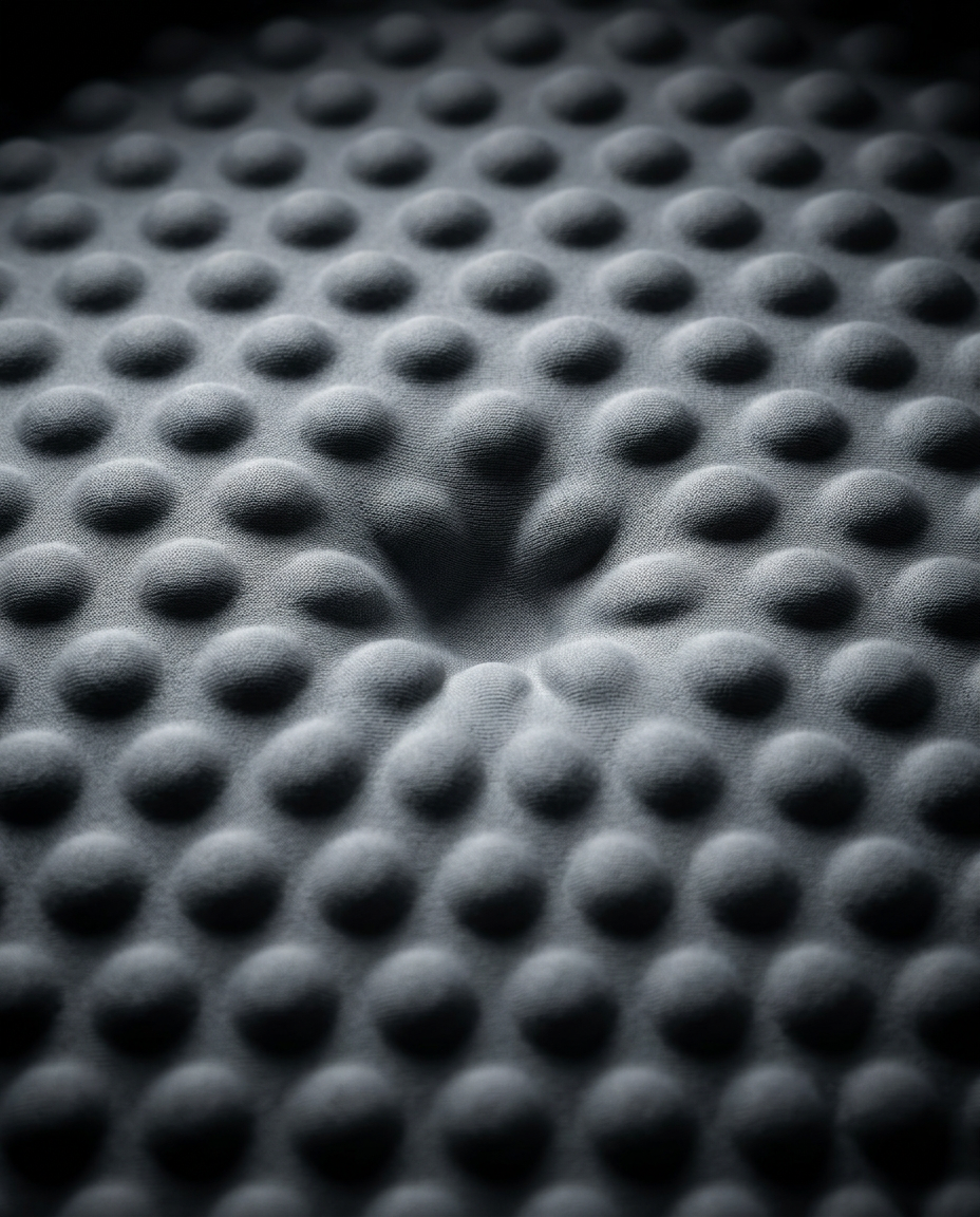 Extreme macro of the gray dimpled memory foam texture on the neck pillow