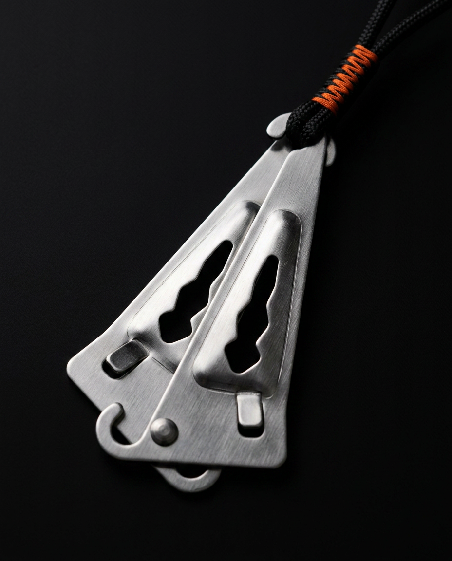 Macro of the brushed metal over-door anchor bracket and cord