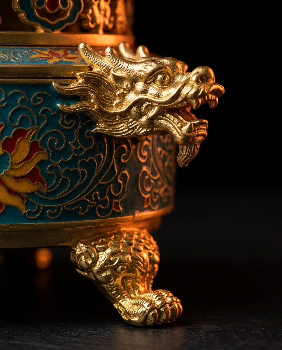 Macro of the gold dragon-head handle and paw foot on the cloisonne burner