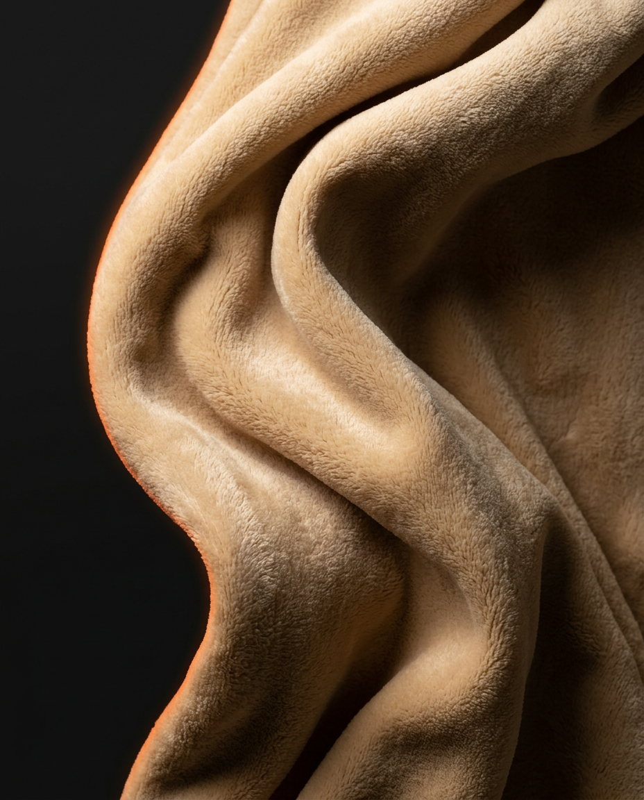 Soft tan fleece draped in flowing folds on a dark background
