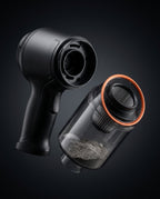 Cordless vacuum with detached dust canister showing captured debris and filter