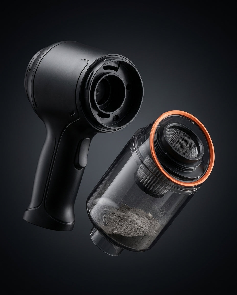 Cordless vacuum with detached dust canister showing captured debris and filter