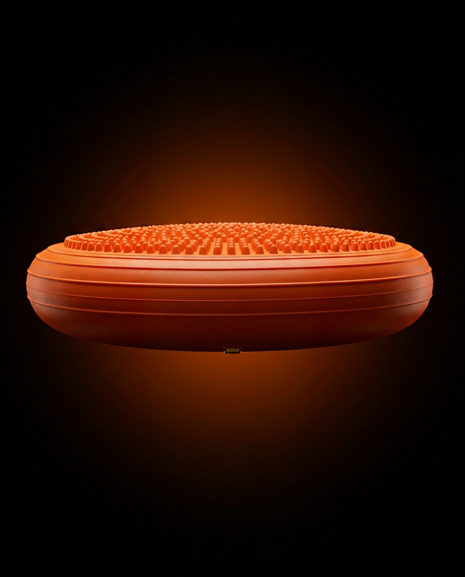 Side profile of the inflated orange balance cushion showing its rounded edge