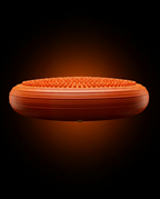 Side profile of the inflated orange balance cushion showing its rounded edge