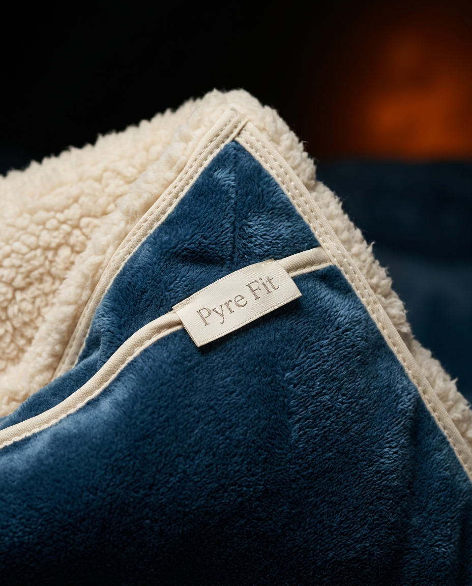 Macro of edge stitching and woven brand label on the navy comforter