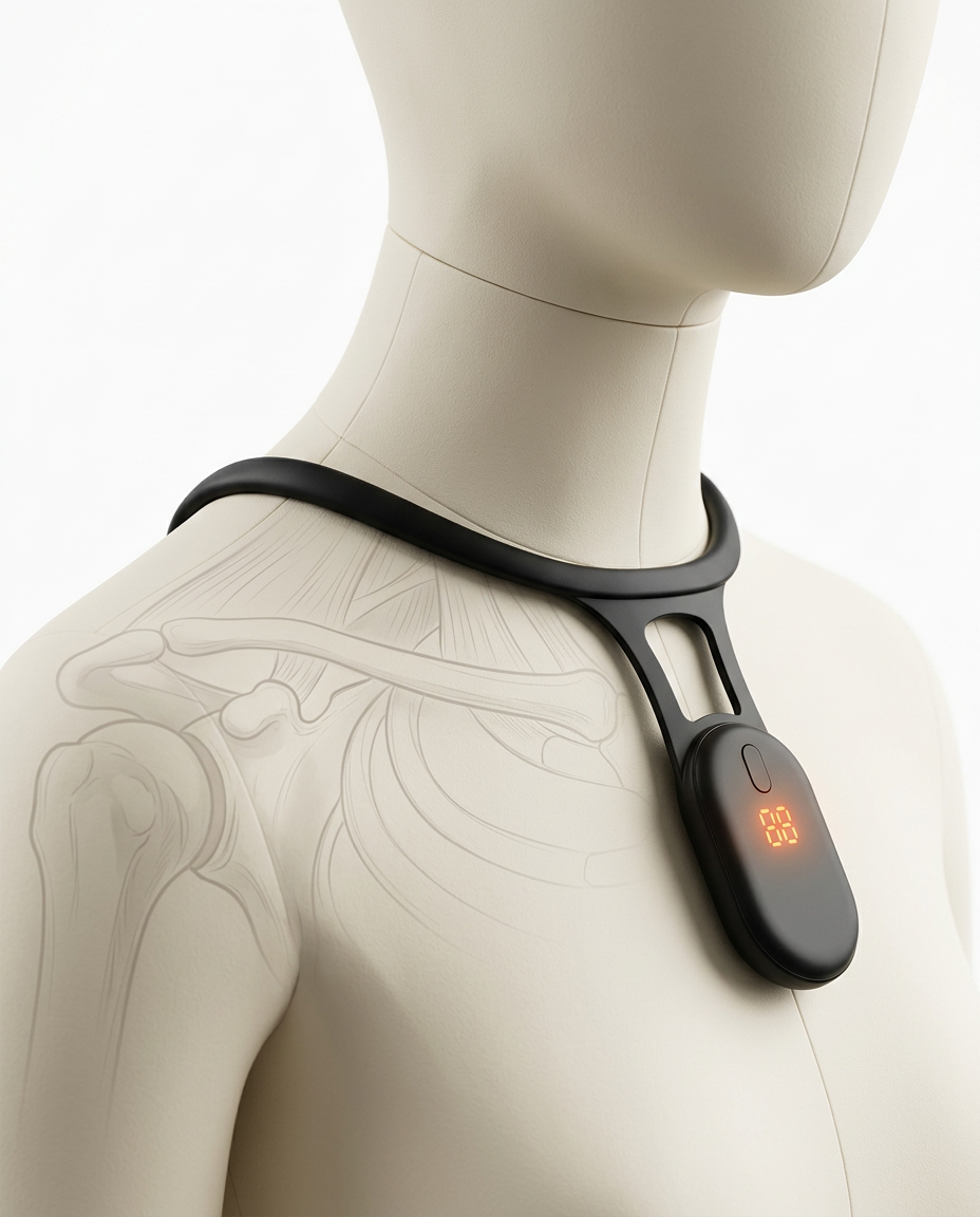 Posture corrector on a mannequin showing its ergonomic neck fit