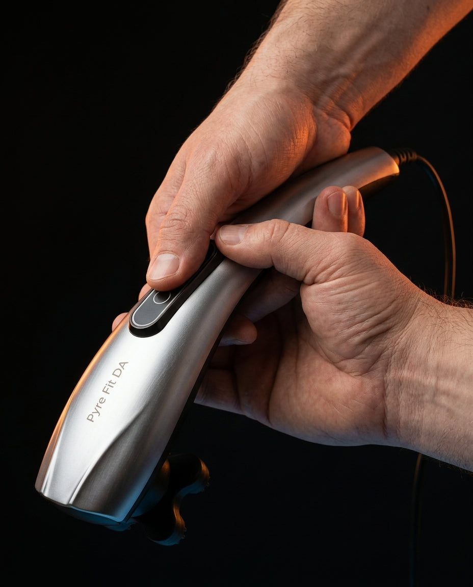 Hands gripping the silver massager's ergonomic handle and power button