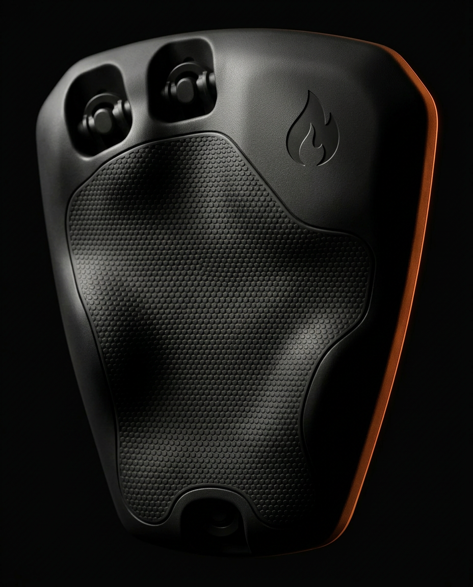 Textured ergonomic back grip of the finger trainer with the Pyre Fit flame logo