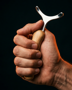 Hand gripping the wooden handle of the fascia release massage tool