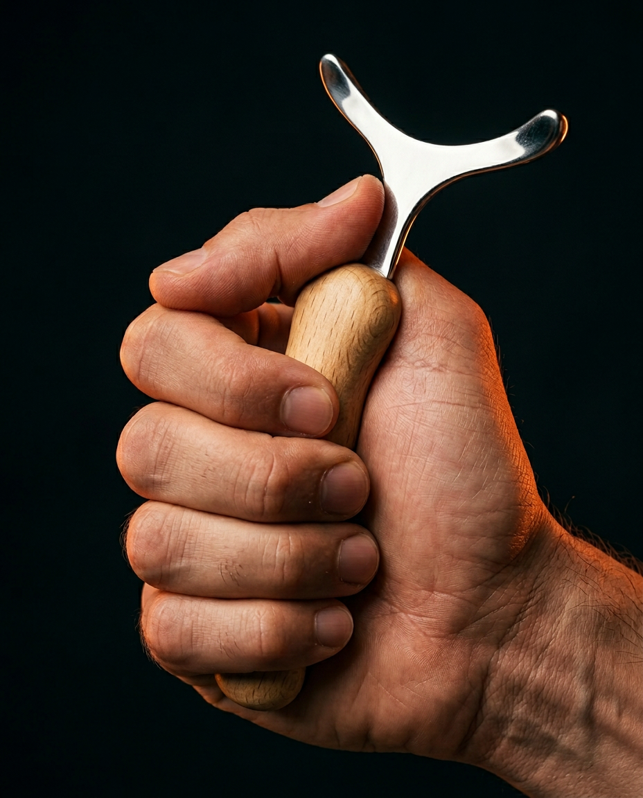 Hand gripping the wooden handle of the fascia release massage tool