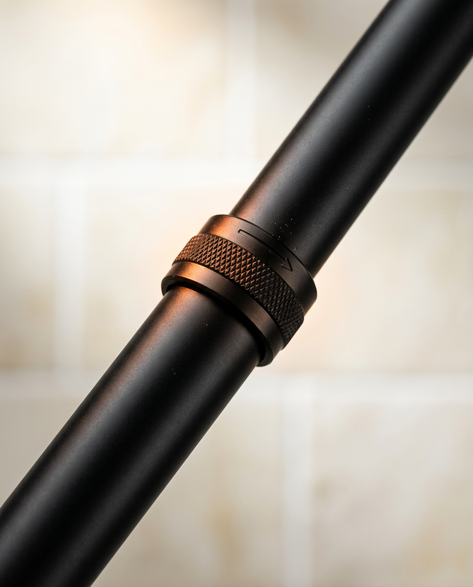 Close-up of the knurled adjustment collar on the black shower extension bar