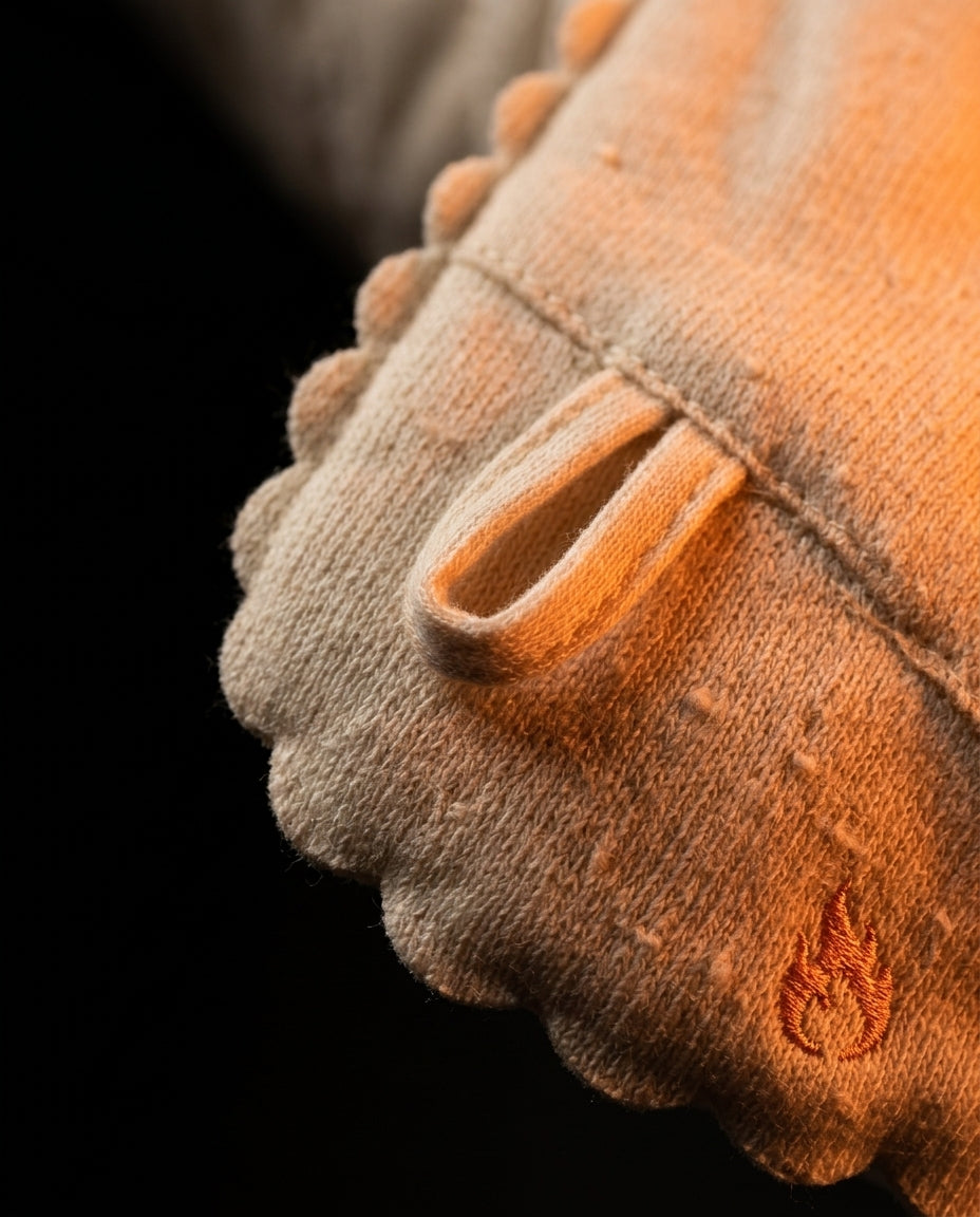 Macro of the knit fabric base with hanging loop and embroidered flame logo