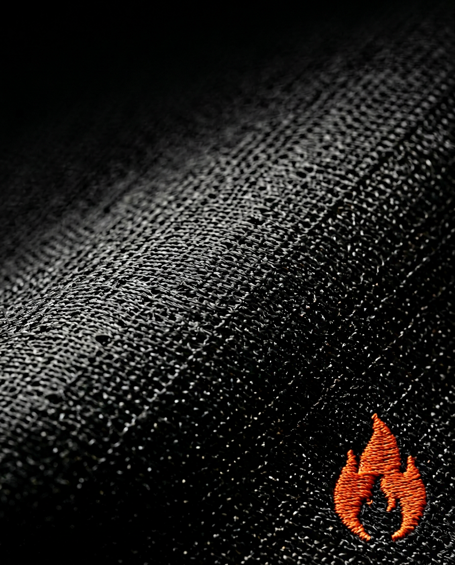 Macro of the cushion's breathable woven mesh with the orange flame logo