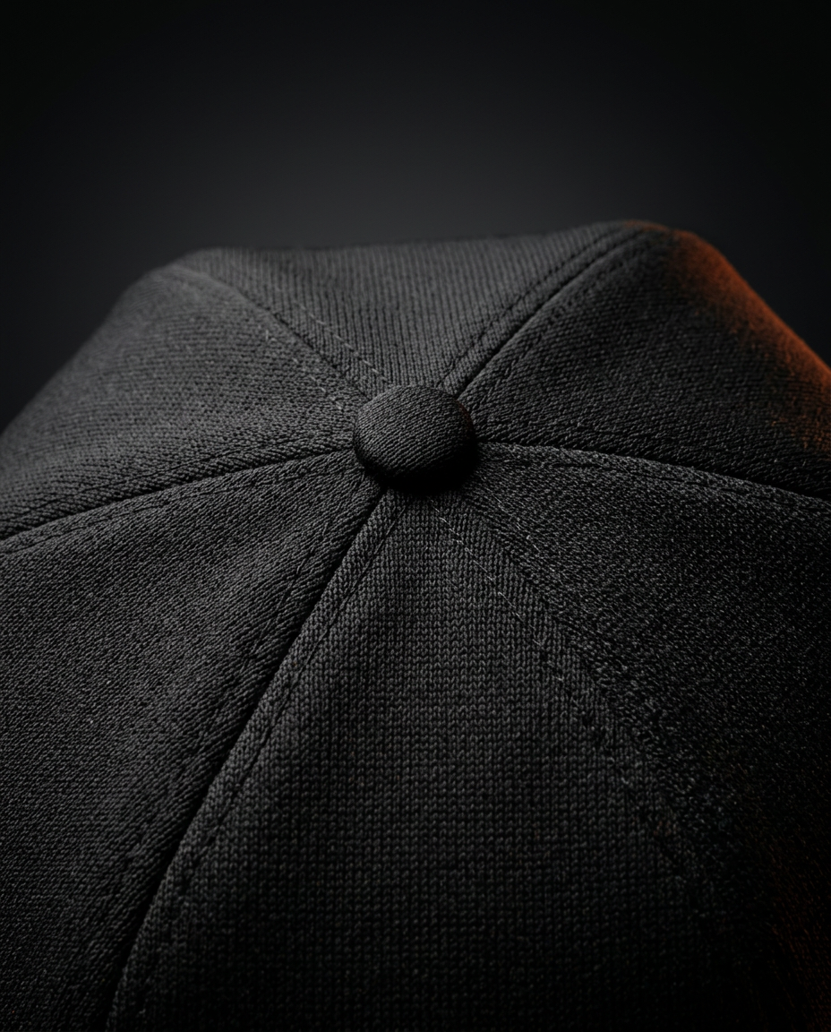 Macro of the breathable black fabric and panel seams on the cap crown