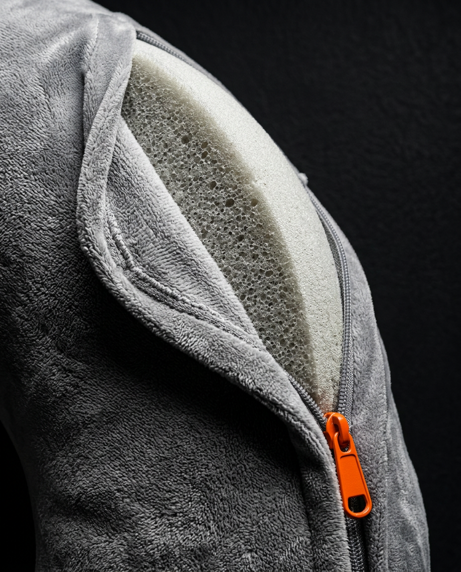 Unzipped pillow cover revealing the white memory foam fill inside grey velvet