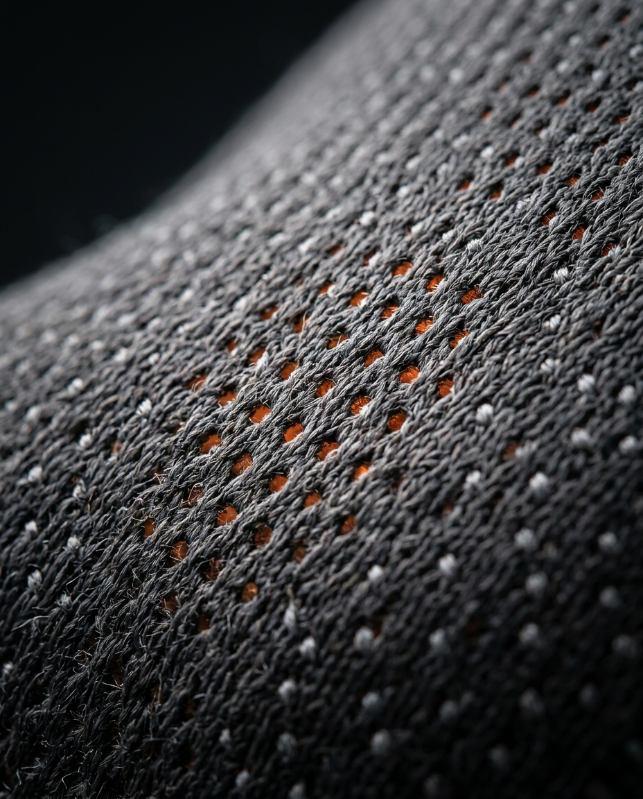 Macro close-up of the breathable knit mesh fabric texture of the neck pillow