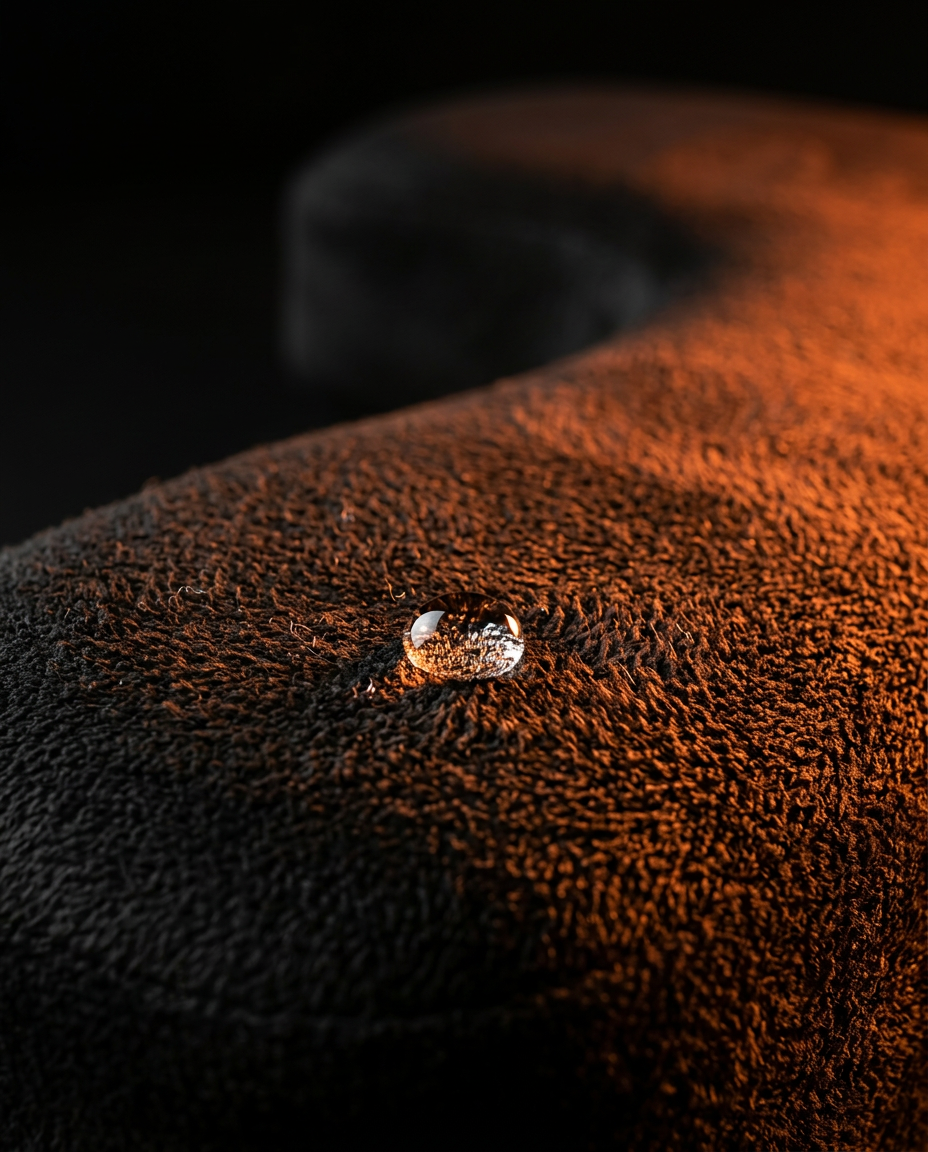 Macro of a water droplet beading on the armrest pad's velvet fabric