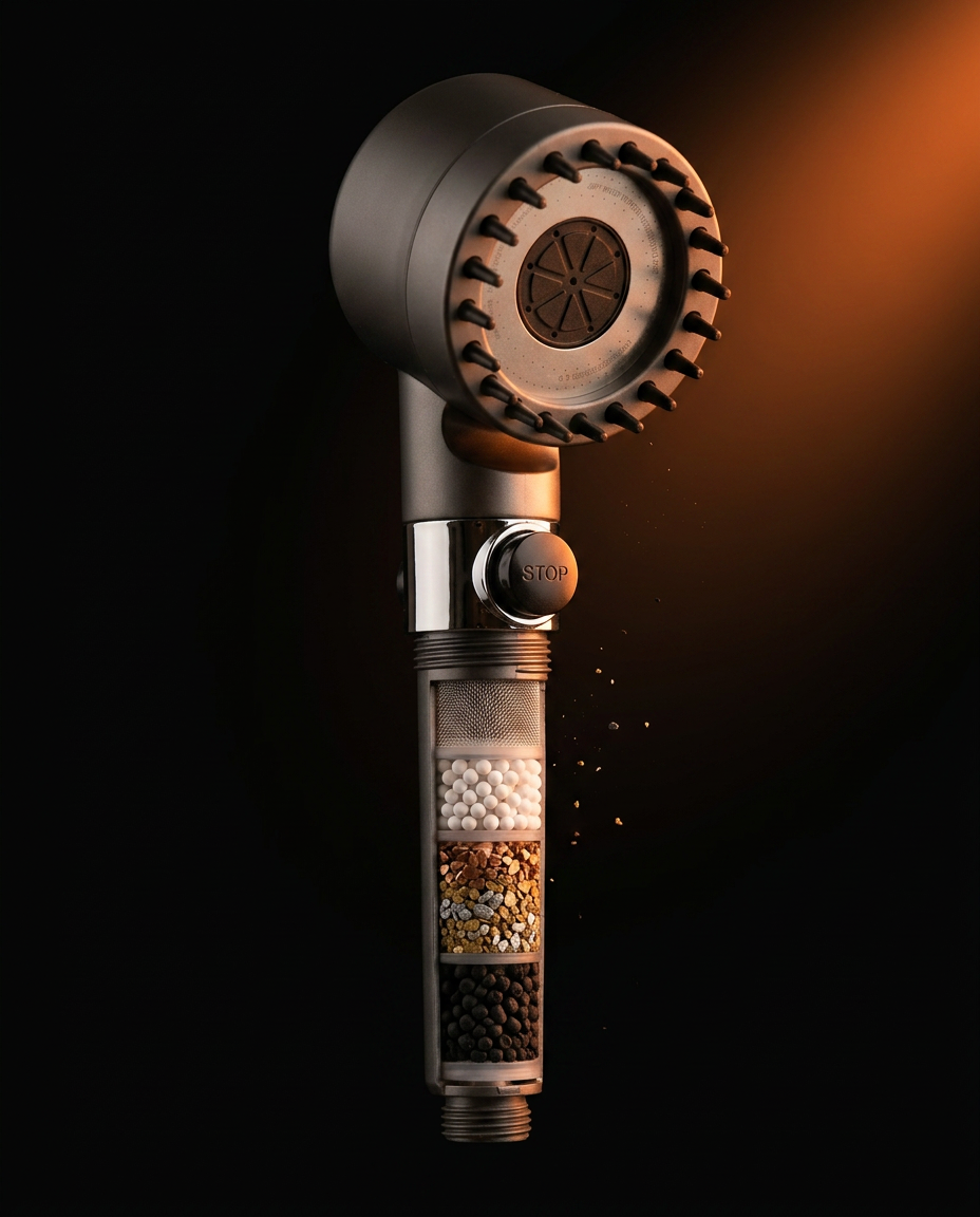 Cutaway of the shower head's mineral filter cartridge media