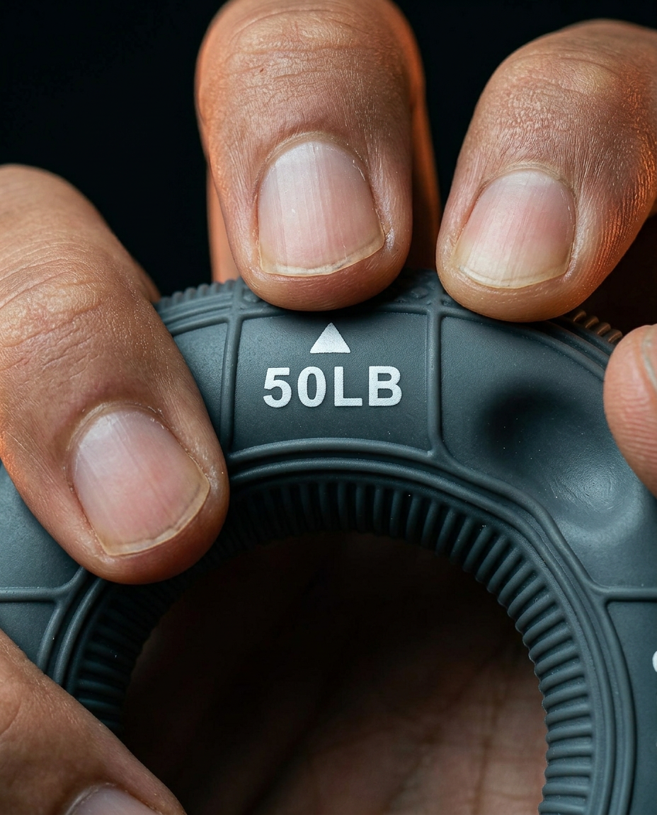 Fingers compressing the gray grip ring at the 50-pound resistance mark