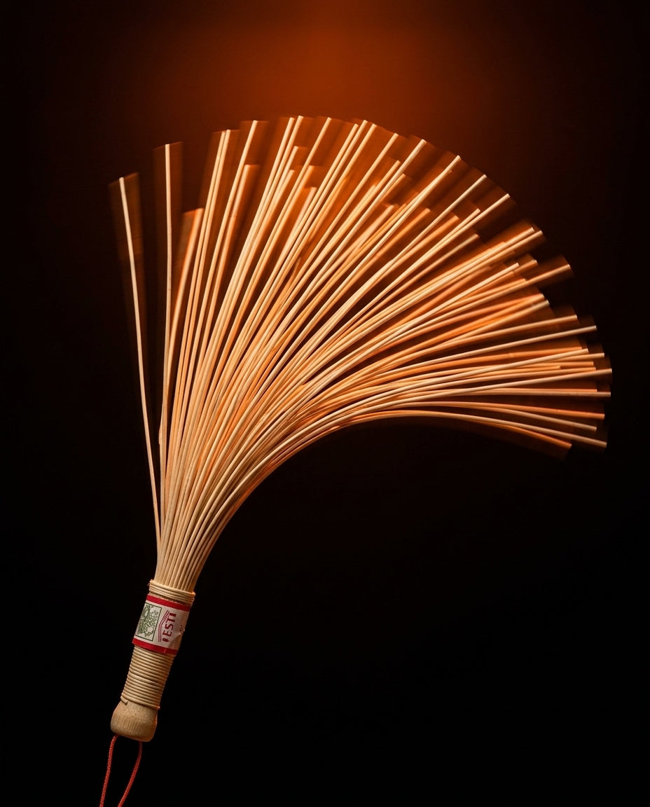 Bamboo rods fanned out and flexing to show their springy motion