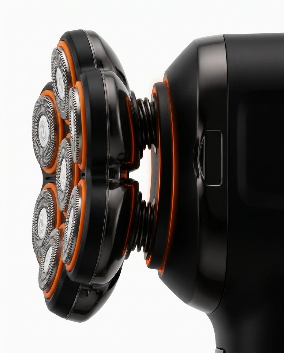 Side macro of the shaver head flexing on its articulated floating mount