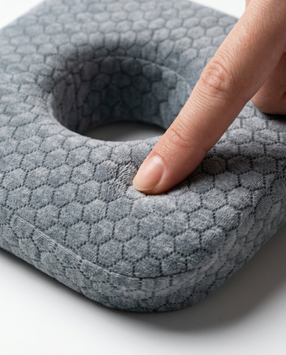 Finger pressing the slow-rebound memory foam of the grey ear piercing pillow