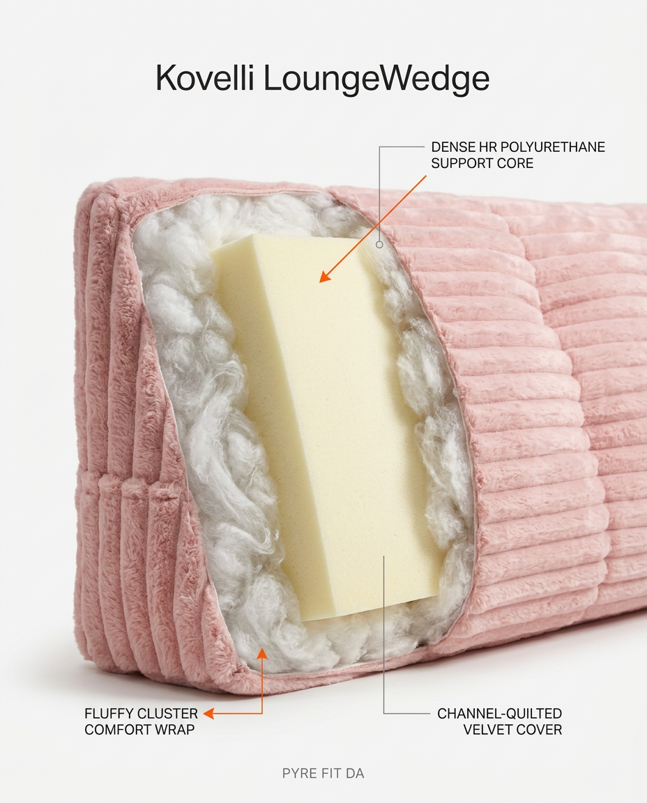 Cutaway showing the foam core and cluster fiber fill inside the pink wedge pillow