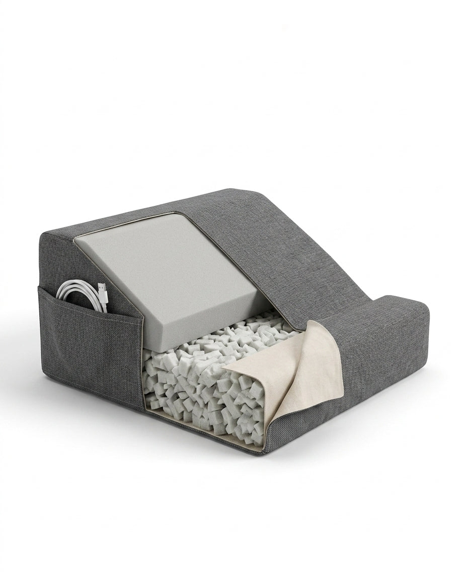 Cutaway of the lap pillow showing shredded foam fill inside the cover