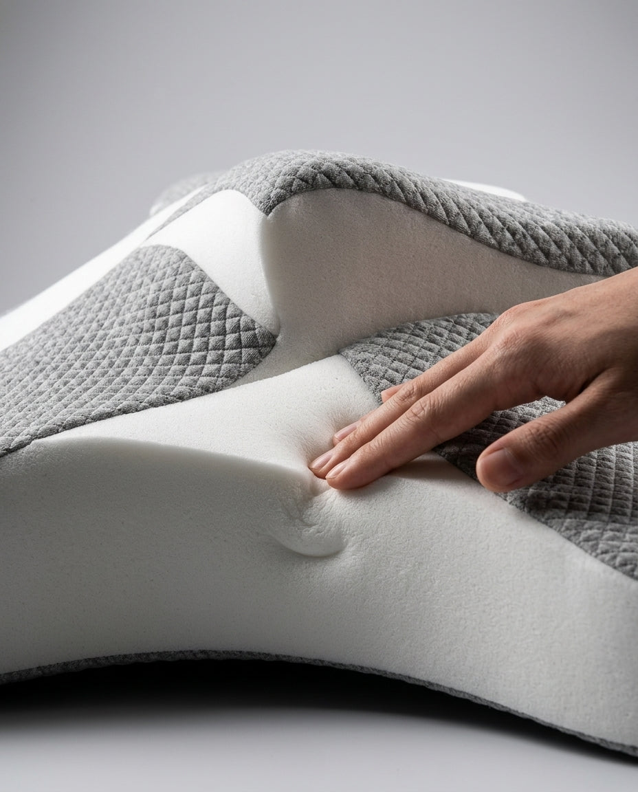 Hand pressing into high-density white memory foam to show rebound