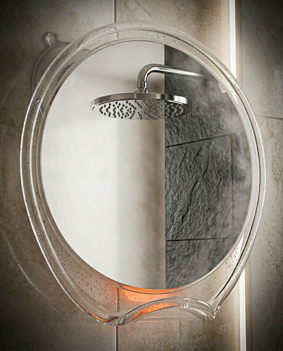 Close-up of the shower mirror's fog-free surface reflecting a showerhead through steam
