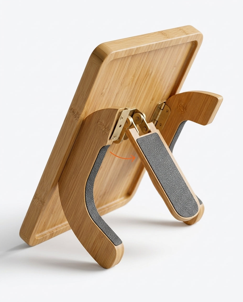 Underside of the bamboo arm tray showing the foldable hinged legs