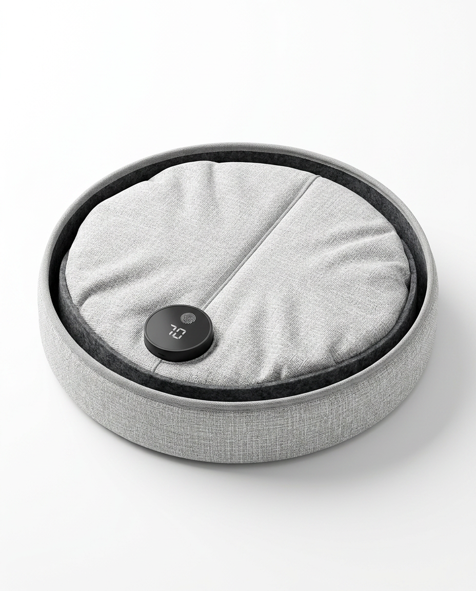 Leg warmer collapsed flat into a compact round disc, top view on white