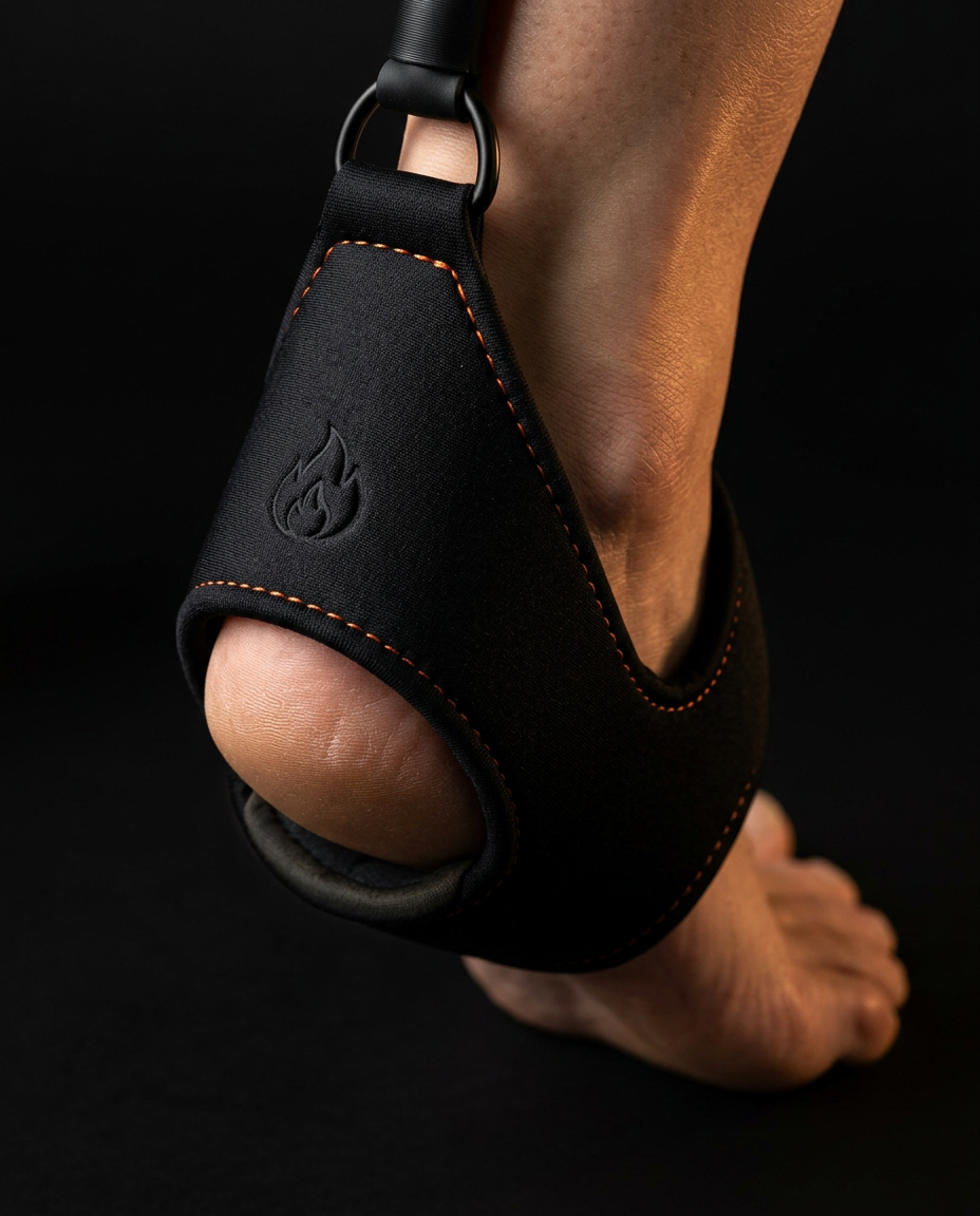 Padded neoprene foot strap with orange stitching worn on a bare foot