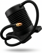 Macro of the included black foot pump with inflation hose and needle