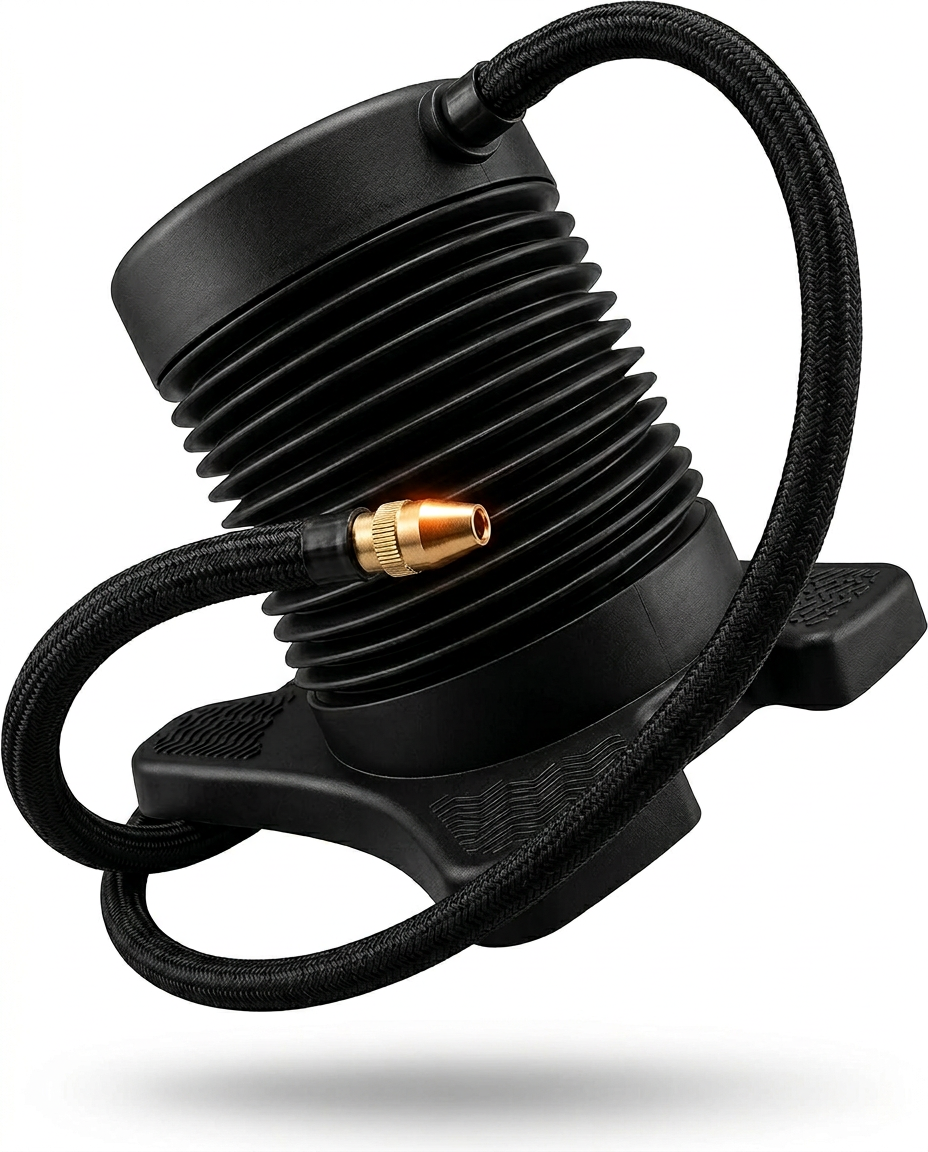 Macro of the included black foot pump with inflation hose and needle