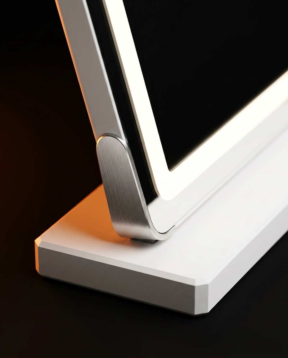 Macro of the LED vanity mirror's metal hinge meeting its solid white base