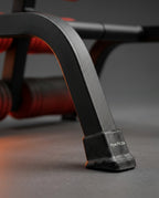 Detail of the black steel frame leg with non-slip rubber foot cap