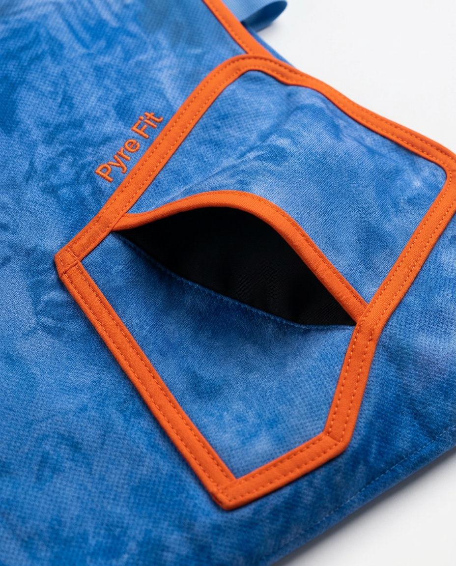 Detail of front pocket on blue cooling fabric with orange trim