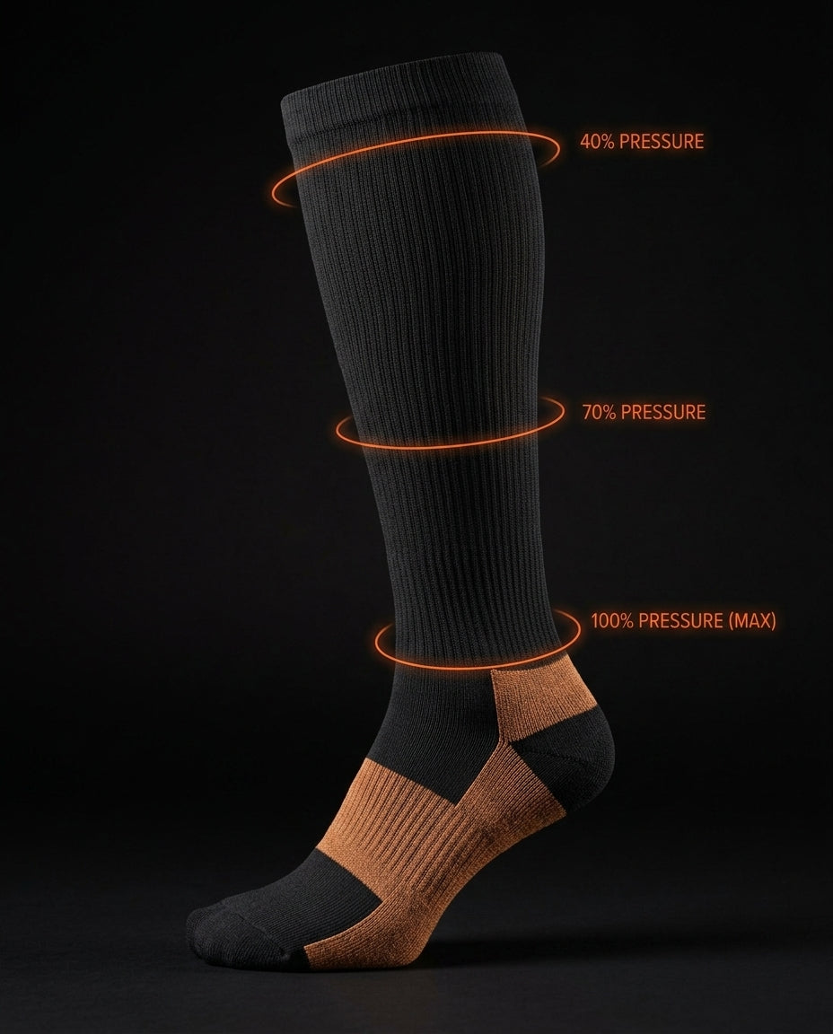 Diagram of graduated compression levels along the knee-high sock
