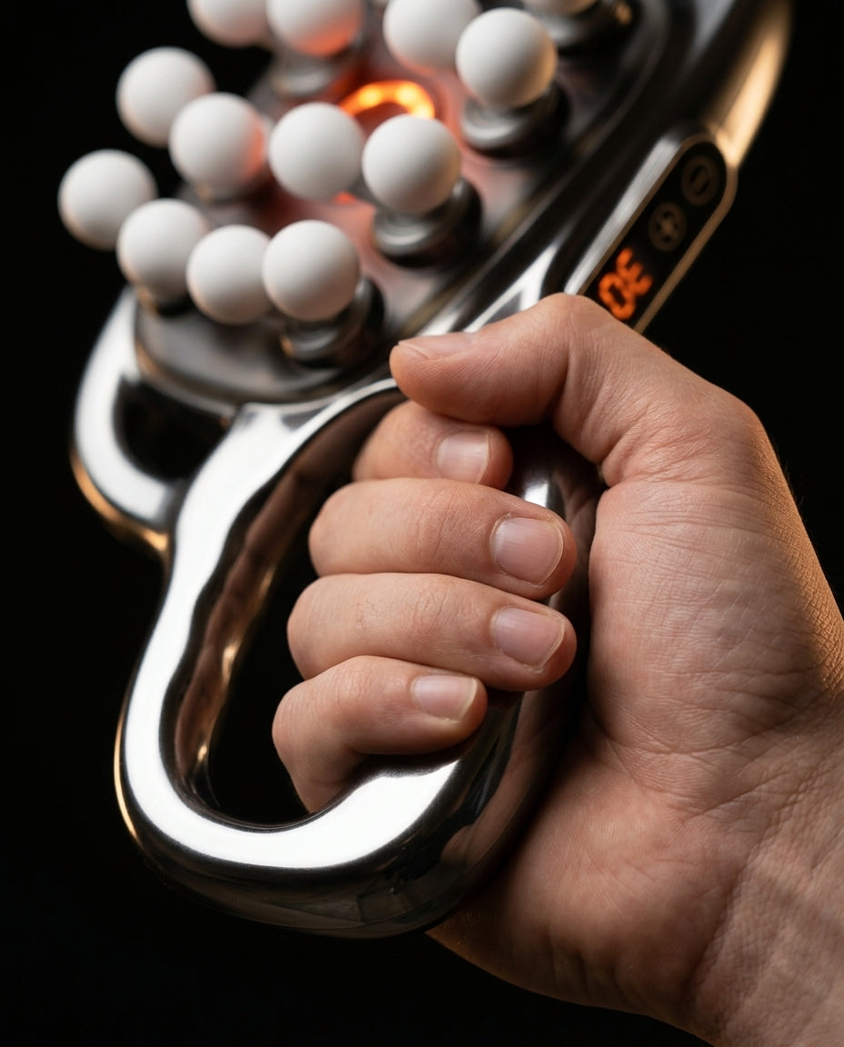 Hand gripping the looped chrome handle of the 16-head deep tissue massager