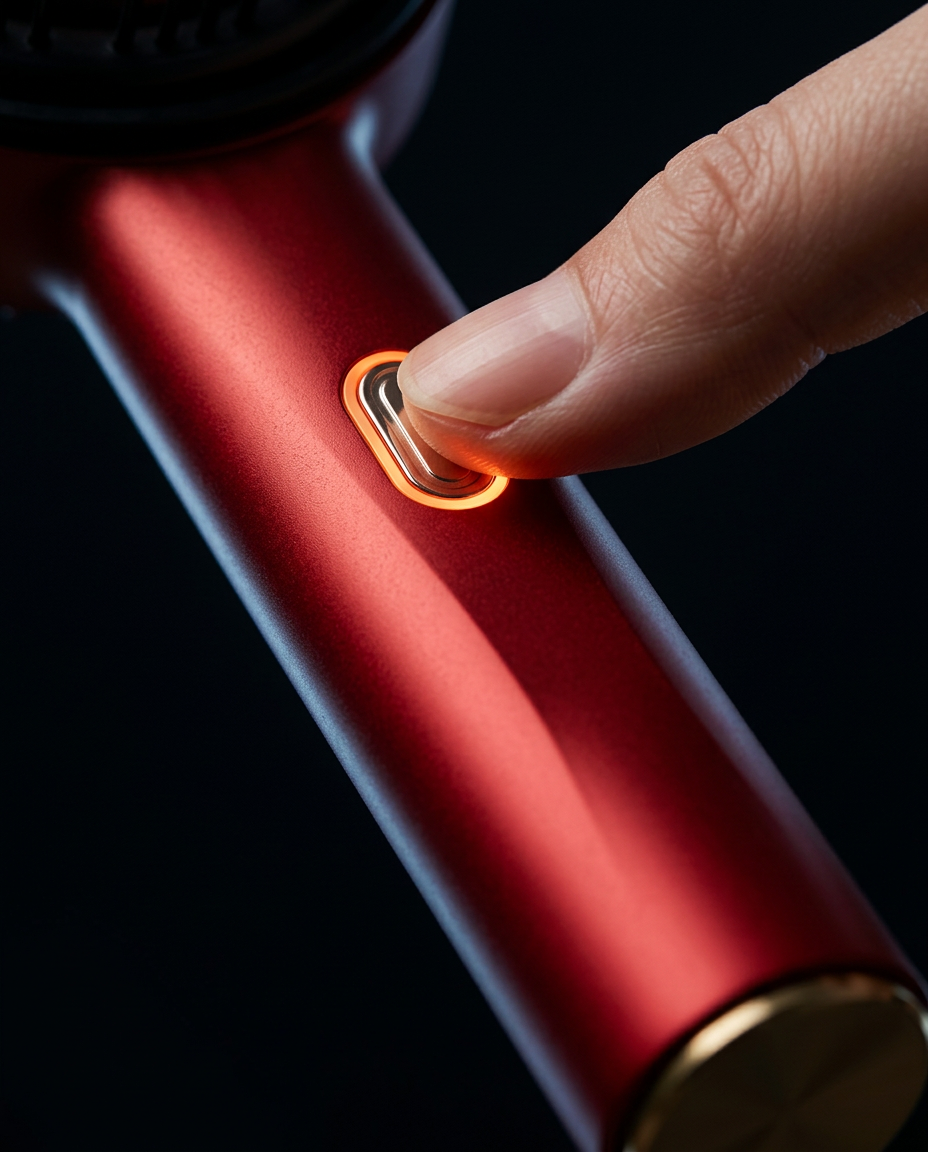 Macro of a finger pressing the glowing power button on the comb handle