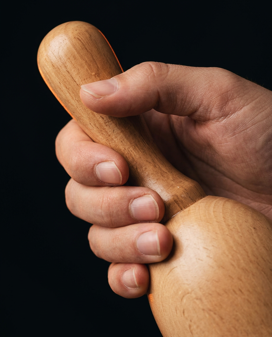 Hand gripping the ergonomic handle of the wooden massage cup