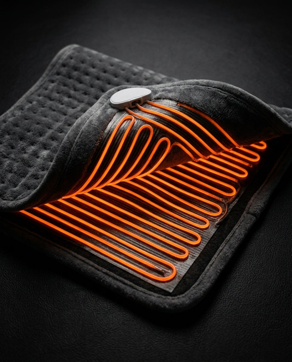 Heating pad opened to reveal glowing orange carbon-fiber heat channels