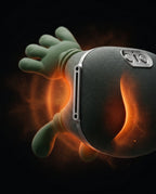 Neck massager with green silicone hands and glowing orange heat function