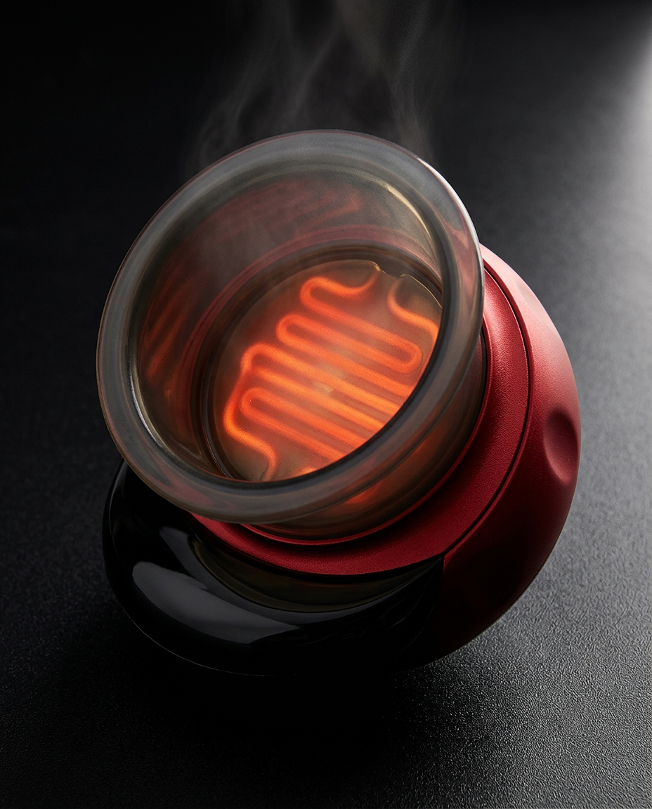 Cupping massager with its red heating coil glowing inside the suction cup