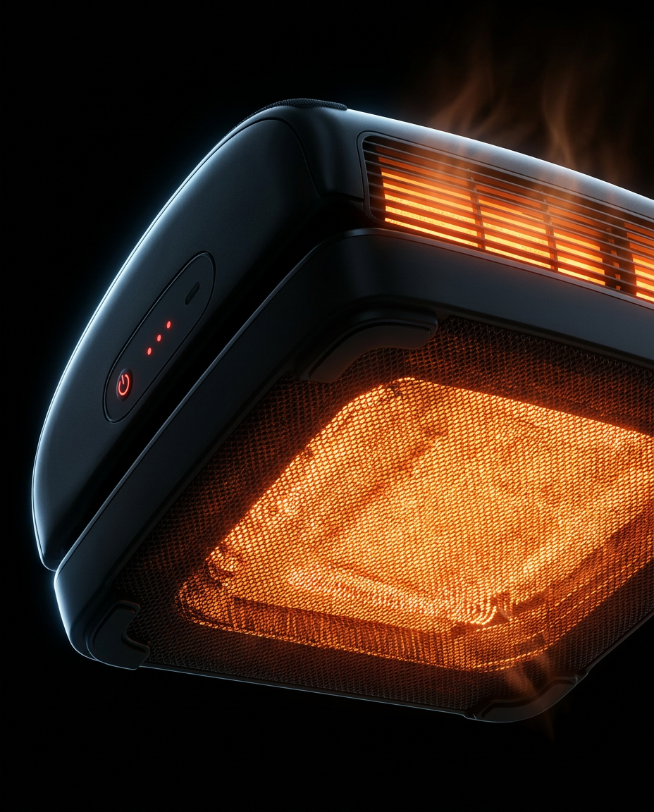 Glowing orange heating element under the foot cushion, heat-massage detail
