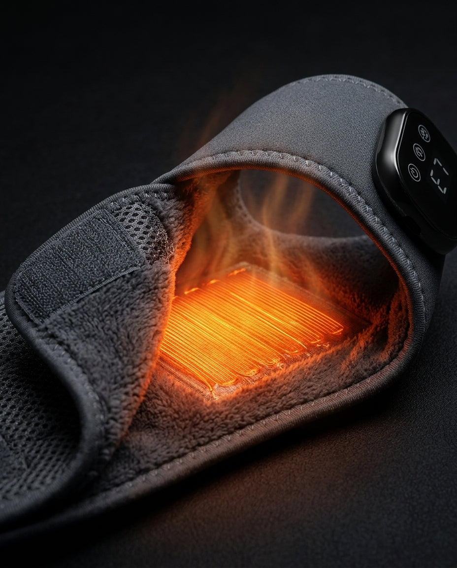 Glowing orange heating element inside the open heated massager wrap
