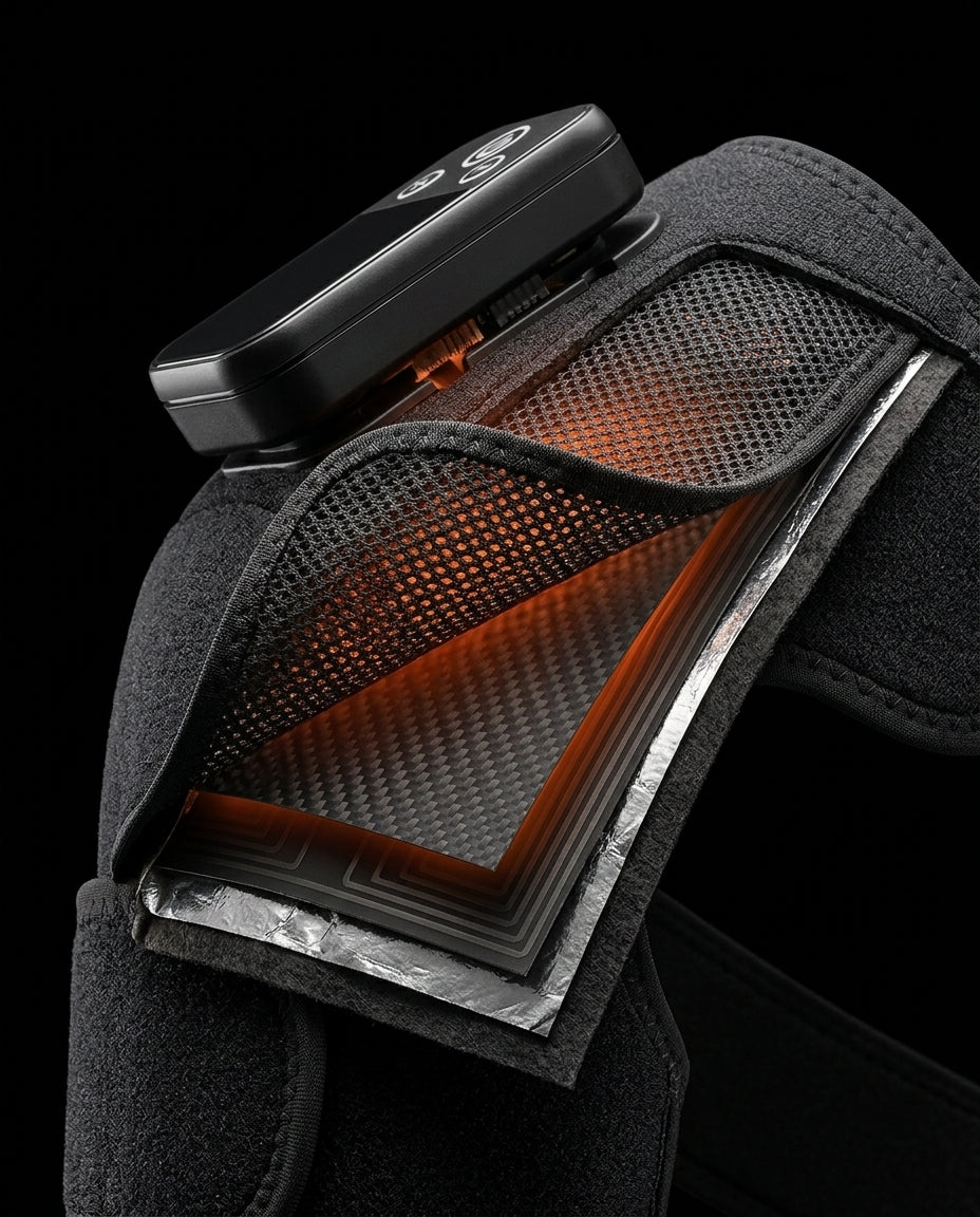Cutaway showing the glowing carbon-fiber heating element inside the shoulder wrap